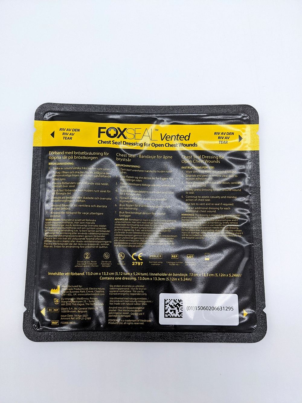 Package of a vented chest seal made for an open chest wound.